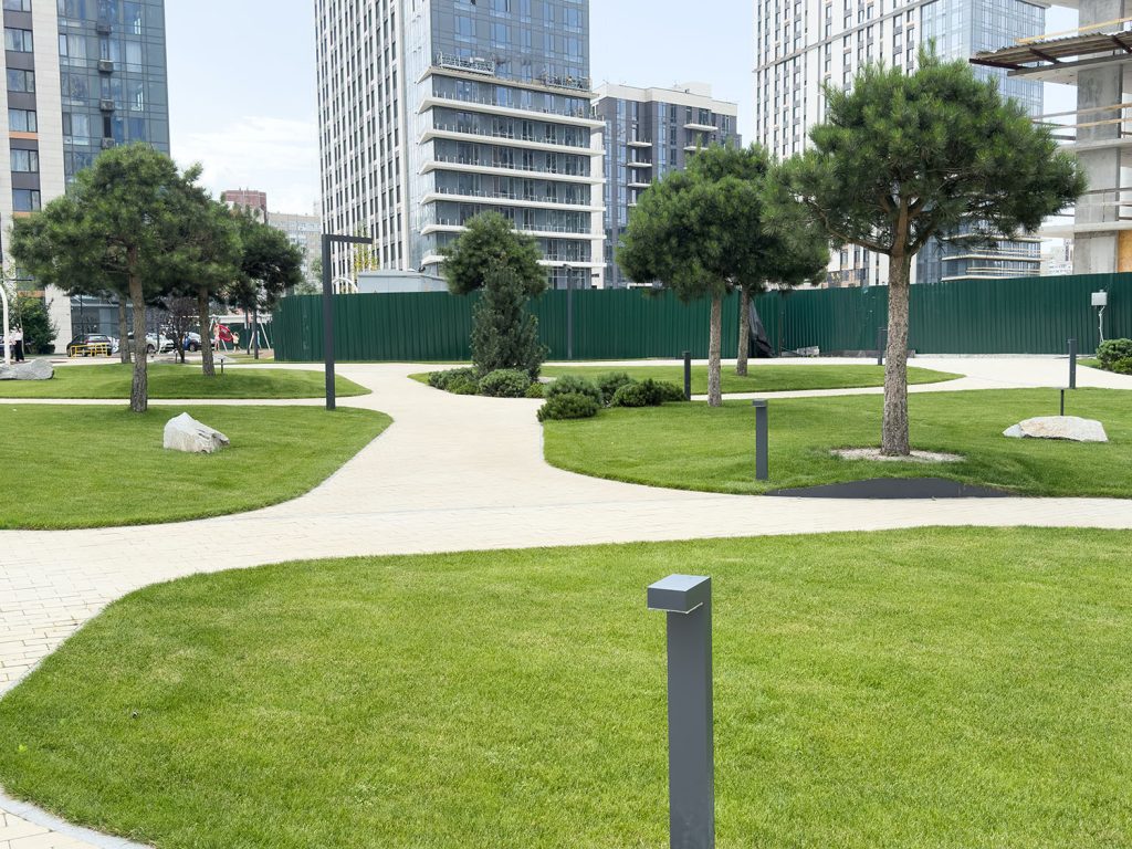 Commercial landscaping in Seaford, DE, with modern walkways and greenery.
