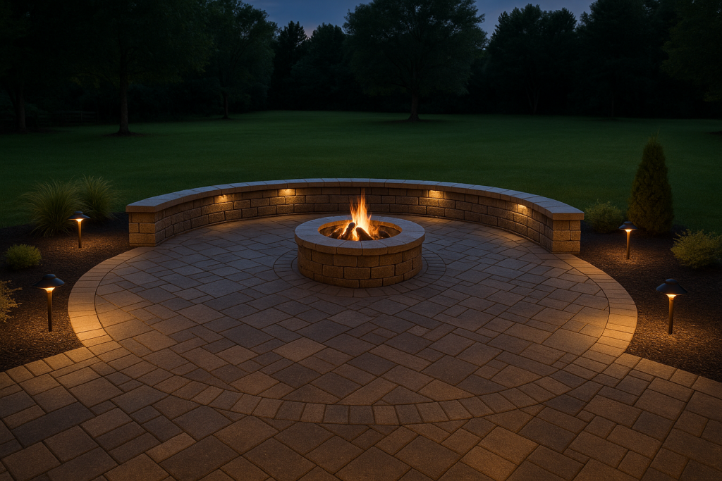 Custom hardscape patio with fire pit and outdoor lighting installed by Barrios Landscaping & Hardscapes.