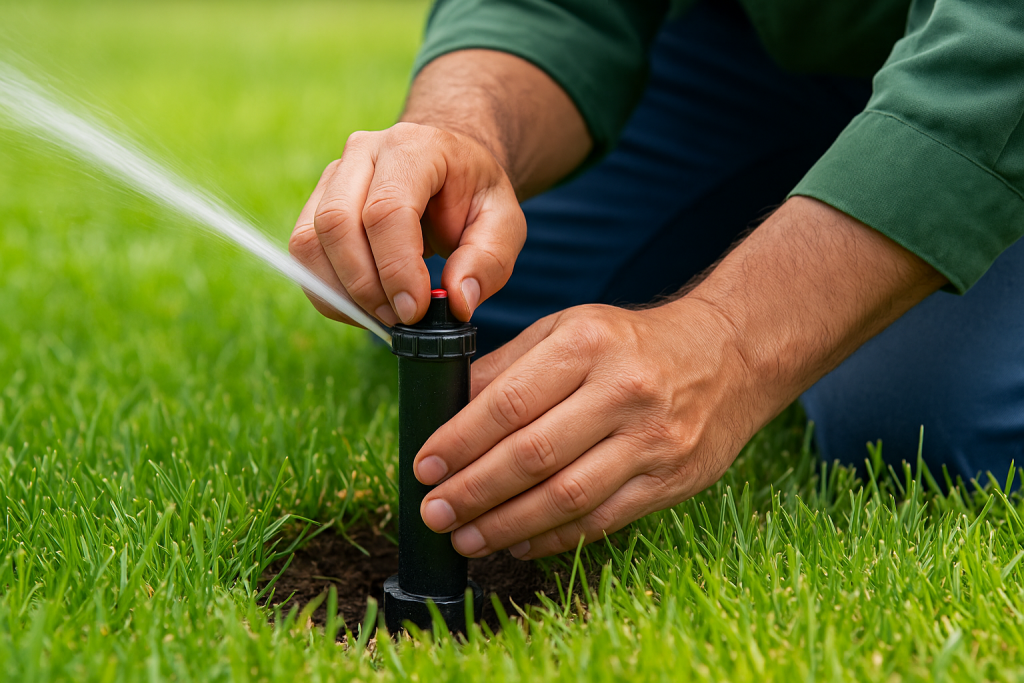 Technician adjusting a lawn irrigation system in Seaford, DE, yard, to improve water efficiency.