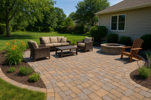 Backyard patio installation in Seaford, DE, with stone pavers and an outdoor seating area.