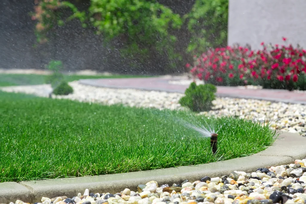 Pop-up sprinkler head watering a healthy green lawn bordered by a concrete curb and decorative white and gray pebbles
